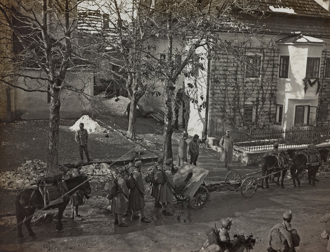 Albumi "Oma maailmansota - muistoja Lounaisrintamasta Kärntenissä, Italiassa, Trentino-Alto Adigessa) 31.3.1915-12.11.1918 - Josef Zohles Wien": tykkimiehiä Tarvisiossa (b/w ph tekijältä Josef Zohles