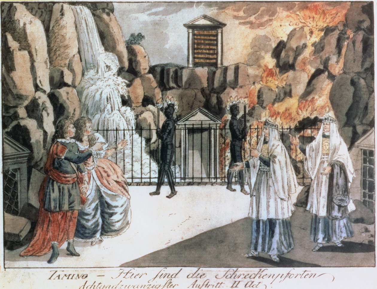 Tamino ja Pamina temppelin edessä, kohtaus Wolfgang Amadeus Mozartin (1756-91) teoksesta "Taikahuilu", kuvitus "Allgemeines Europaisches Journalista", julkaistu 1795 (värinen kaiverrus) tekijältä Joseph and Peter Schaffer