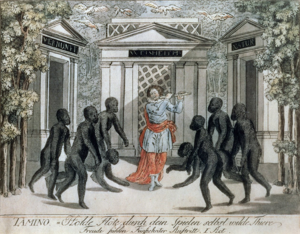 Tamino soittaa taikahuilua karkottaakseen villipedot, I näytöksen kohtaus xv, Wolfgang Amadeus Mozartin (1756-91) "Taikahuilusta", noin 1793. tekijältä Joseph and Peter Schaffer