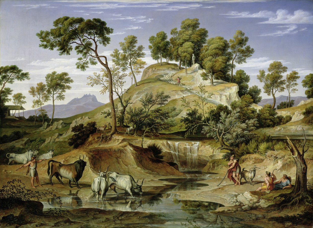 Maisema paimenten ja lehmien kanssa ja keväällä 1832-34 tekijältä Joseph Anton Koch