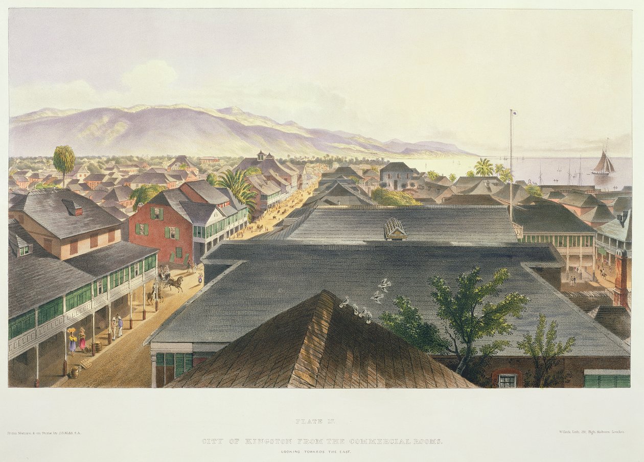 Kingstonin kaupunki kaupallisista huoneista, itään päin, levy 17 teoksesta "West Indian Scenery: Illustrations of Jamaica", taiteilijan kaiverrus, pubi. 1838-40 tekijältä Joseph Bartholomew Kidd