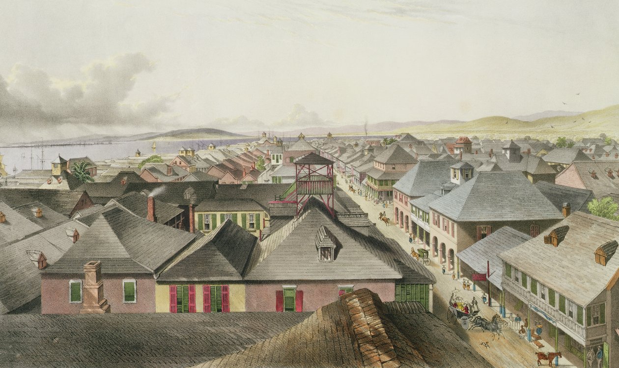 Kingstonin kaupunki kaupallisista huoneista, katsoen länteen, levy 20 teoksesta "West Indian Scenery: Illustrations of Jamaica", taiteilijan kaiverrus, pubi. 1838-40 tekijältä Joseph Bartholomew Kidd
