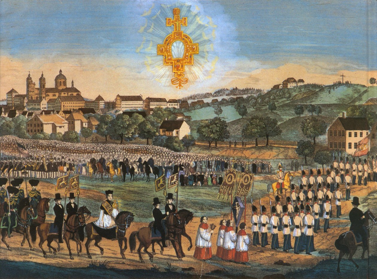 Altdorf-Weingarten, Heilig-Blut-Prozession 1849 oder in den folgenden Jahren; kolorierte Lithographie, Variante mit Heilig-Blut-Reliquie im Himmel tekijältä Joseph Bayer