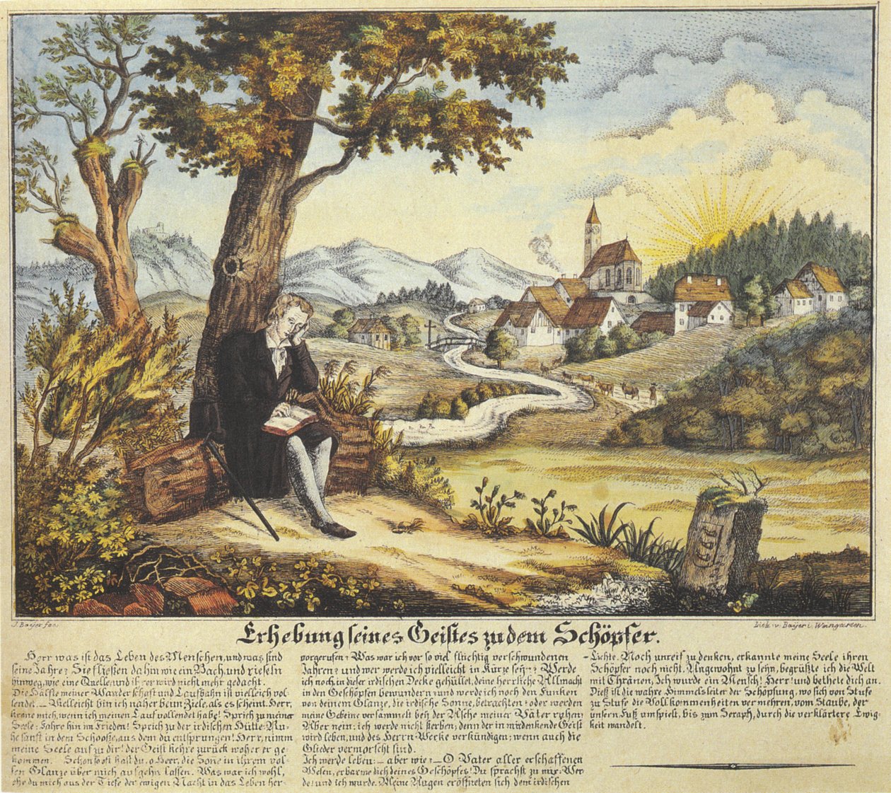 Erhebung seines Geistes zu dem Schöfper, Andachtskuva mti Gebetstext, kolorierte Lithographie, vor 1846 tekijältä Joseph Bayer