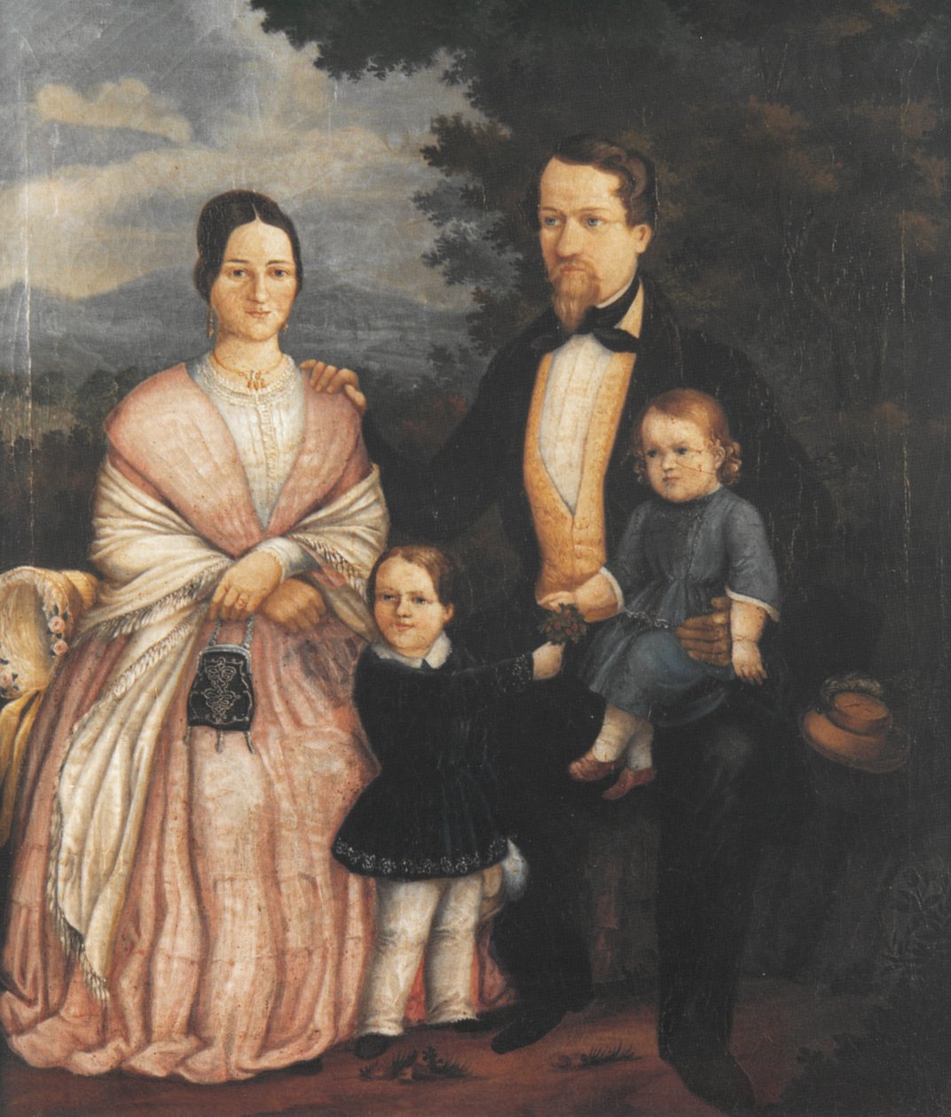 Selbstbildnis Joseph Bayer mit Ehefrau Lisette Bayer geb. Kerner, und den Kindern Eugen (* 1846) ja Albert (* 1851); Ölgemälde, 1853 tekijältä Joseph Bayer