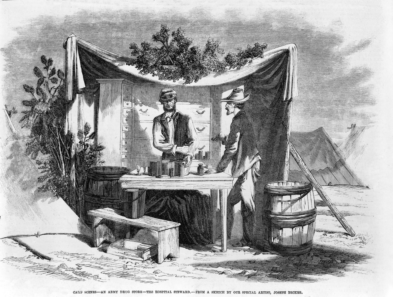Leirikohtaukset - armeijan apteekki - sairaalan luottamusmies, pubi. 1864 tekijältä Joseph Becker