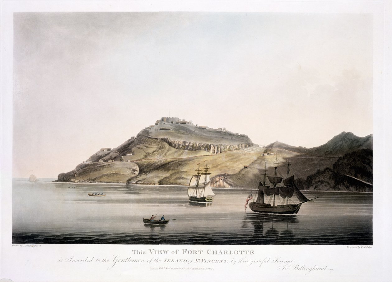 Näkymä Fort Charlottesta St. Vincentin saarella, kaiverrettu ja pubi. kirjoittanut Francis Jukes (1747-1812), 1800 (värillinen akvatinta) tekijältä Joseph Billinghurst