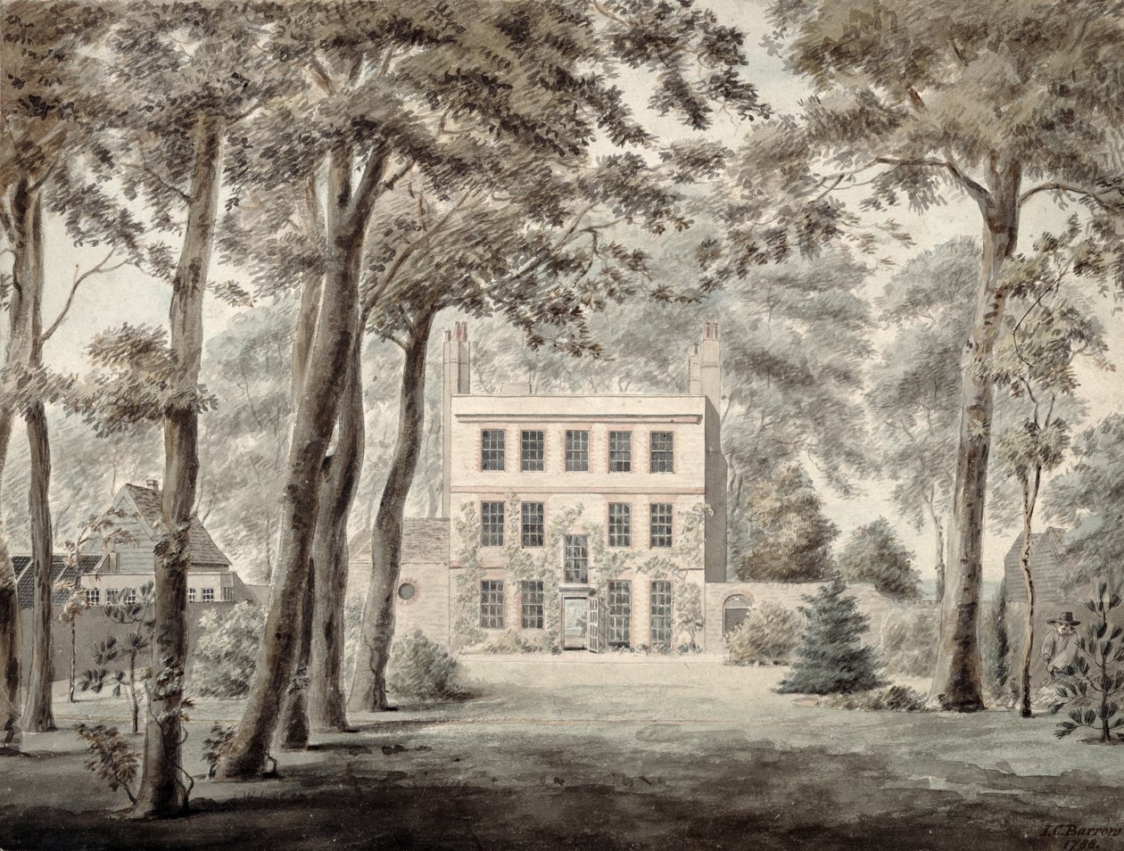 Puutarhuri työskentelee tyylikkään maalaistalon pihapiirissä, 1788 (lyijykynä, tussi ja wc). tekijältä Joseph Charles Barrow