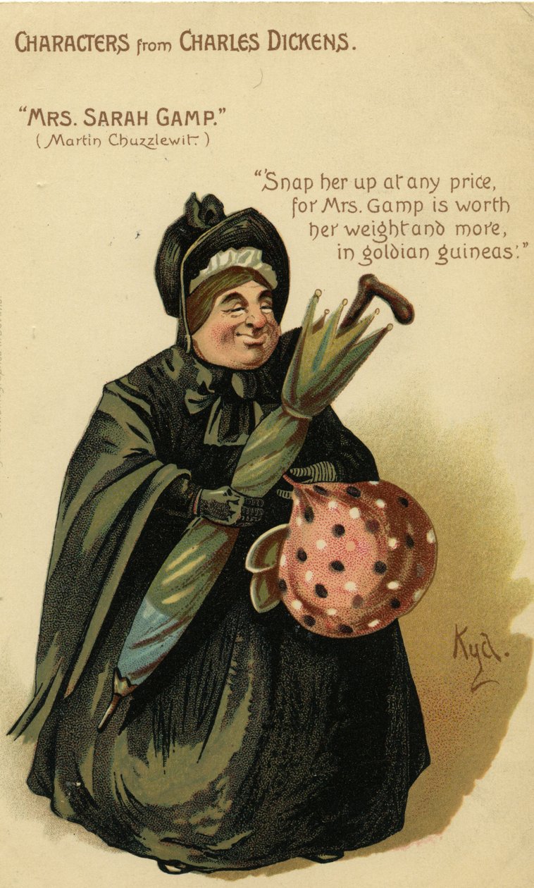 Charles Dickensin hahmoja - Rouva Sarah Gamp Martin Chuzzlewitista, postikortti, n.1903 tekijältä Joseph Clayton Clarke