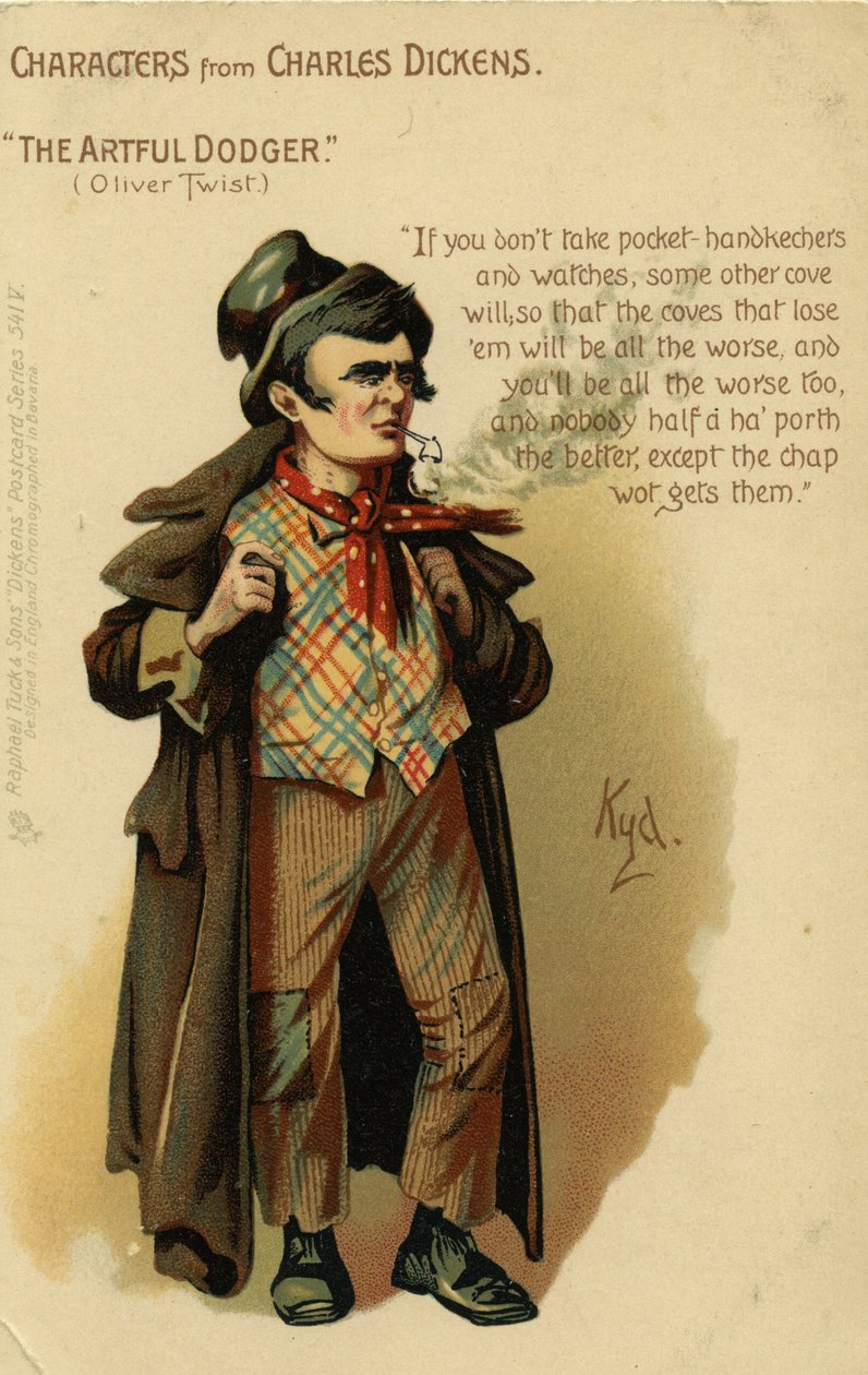 Charles Dickensin hahmot - Oliver Twistin taitava väistäjä, postikortti, n. 1903 tekijältä Joseph Clayton Clarke