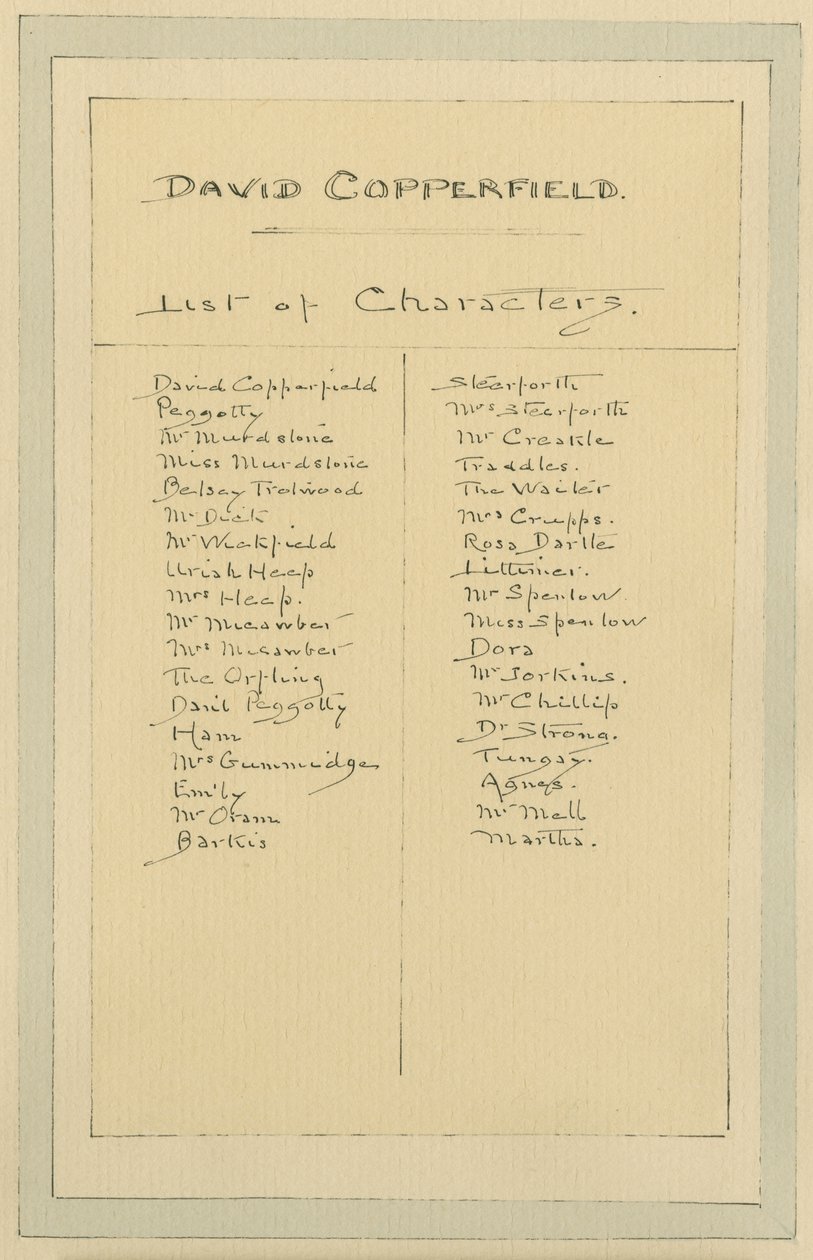 Hahmoluettelo, noin 1920-luku (kynä ja muste wc:llä paperilla) tekijältä Joseph Clayton Clarke