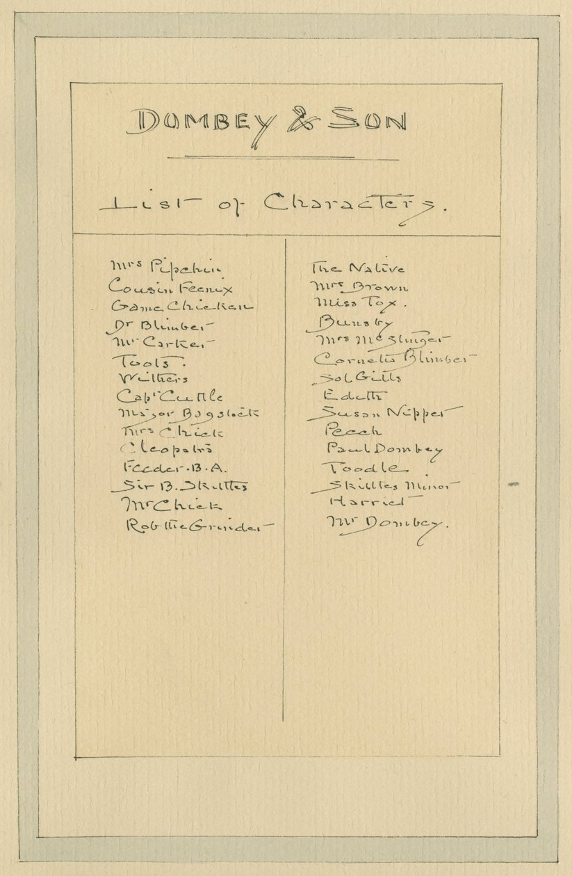 Luettelo hahmoista, noin 1920-luku (kynä ja muste wc:llä paperilla) tekijältä Joseph Clayton Clarke
