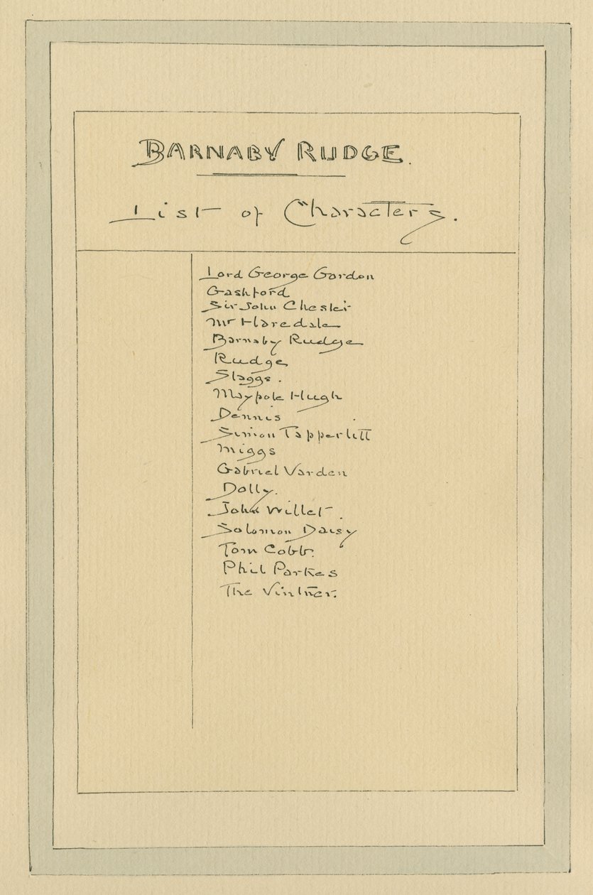 Luettelo Barnaby Rudgen hahmoista, noin 1920-luku (kynä ja muste wc:llä paperilla) tekijältä Joseph Clayton Clarke
