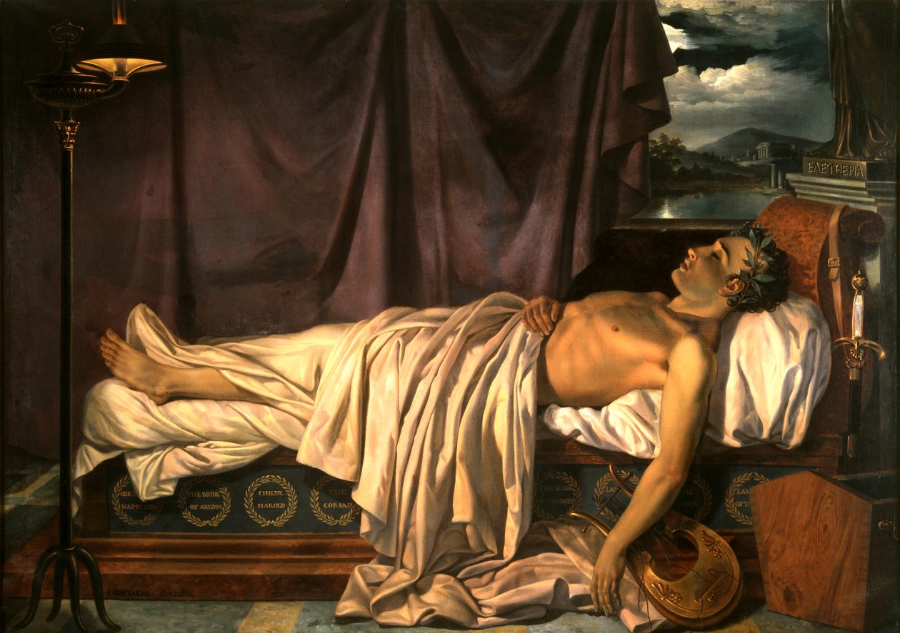 Lord Byron kuolinvuoteellaan tekijältä Joseph Dionysius Odevaere