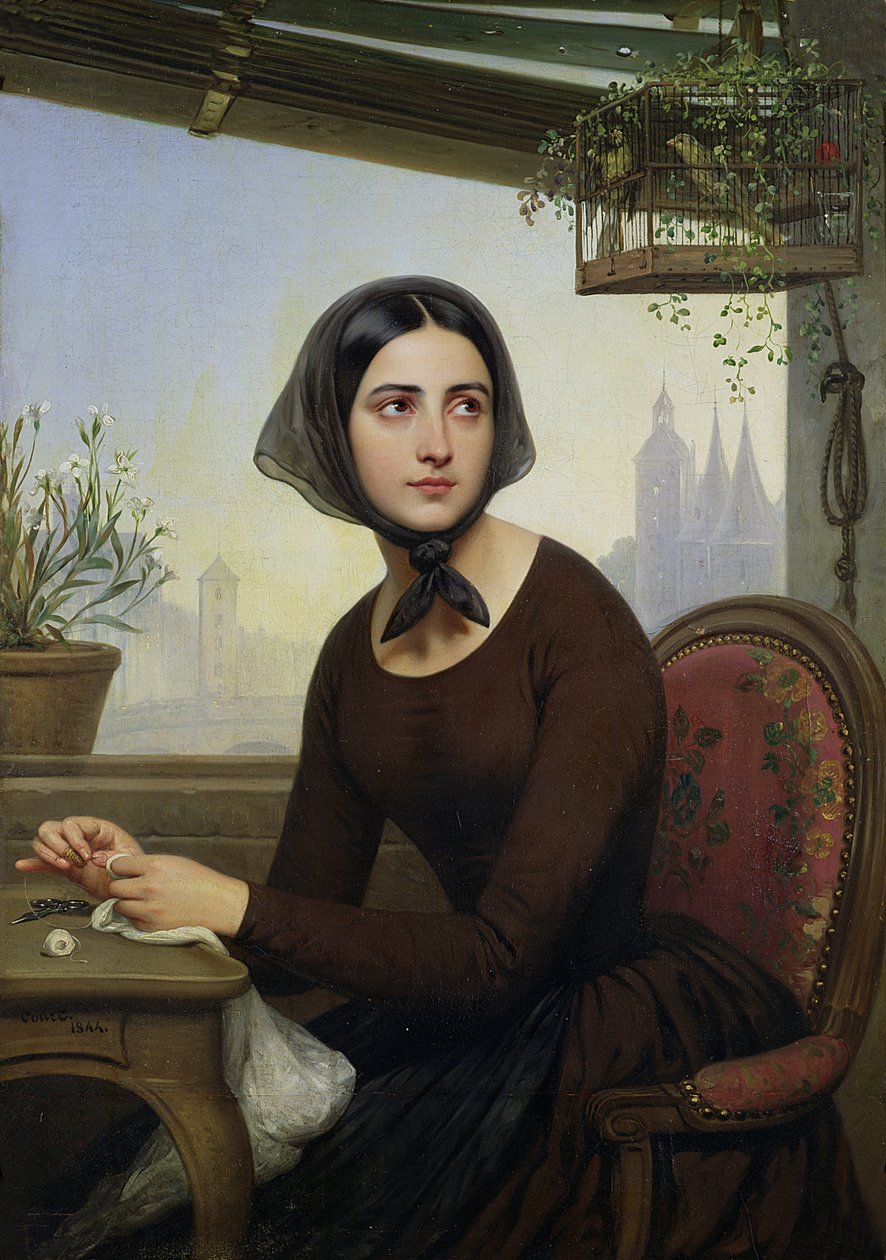 Sinisikap ni Rigolette na I-distract ang sarili habang Wala si Germain, 1844 finn tekijältä Joseph Desire Court