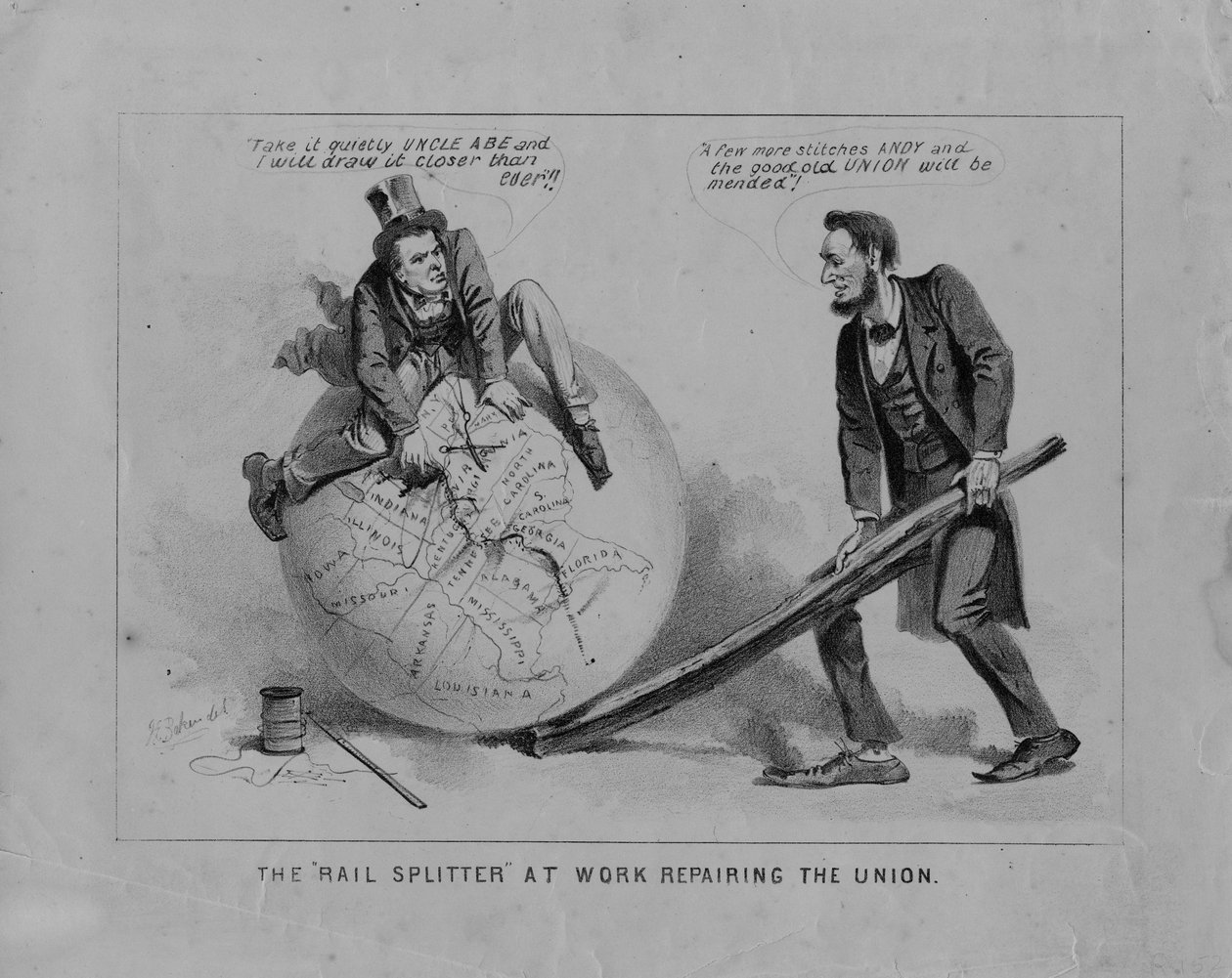 Rail Splitter työssä korjaamassa Unionia, n. 1865 litho tekijältä Joseph Baker
