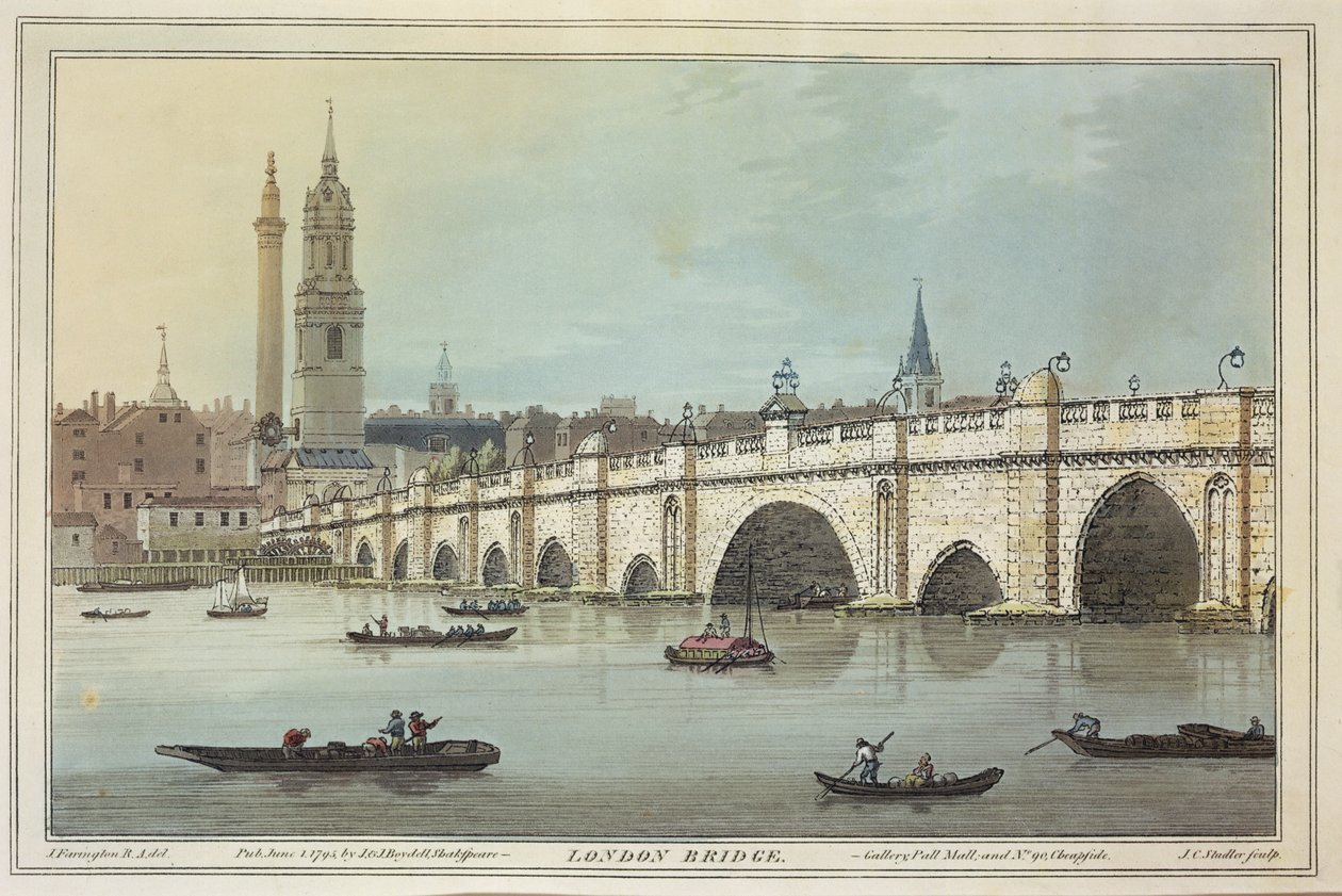 Näkymä Old London Bridgelle, kaiverrus J.C. Stadler (fl.1780-1812), 1795 (värillinen akvatinta) tekijältä Joseph Farington