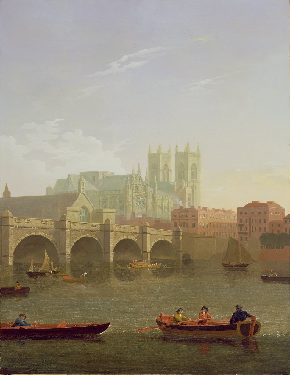 Westminster Abbey ja Westminster Bridge etelästä katsottuna, 1794 tekijältä Joseph Farington