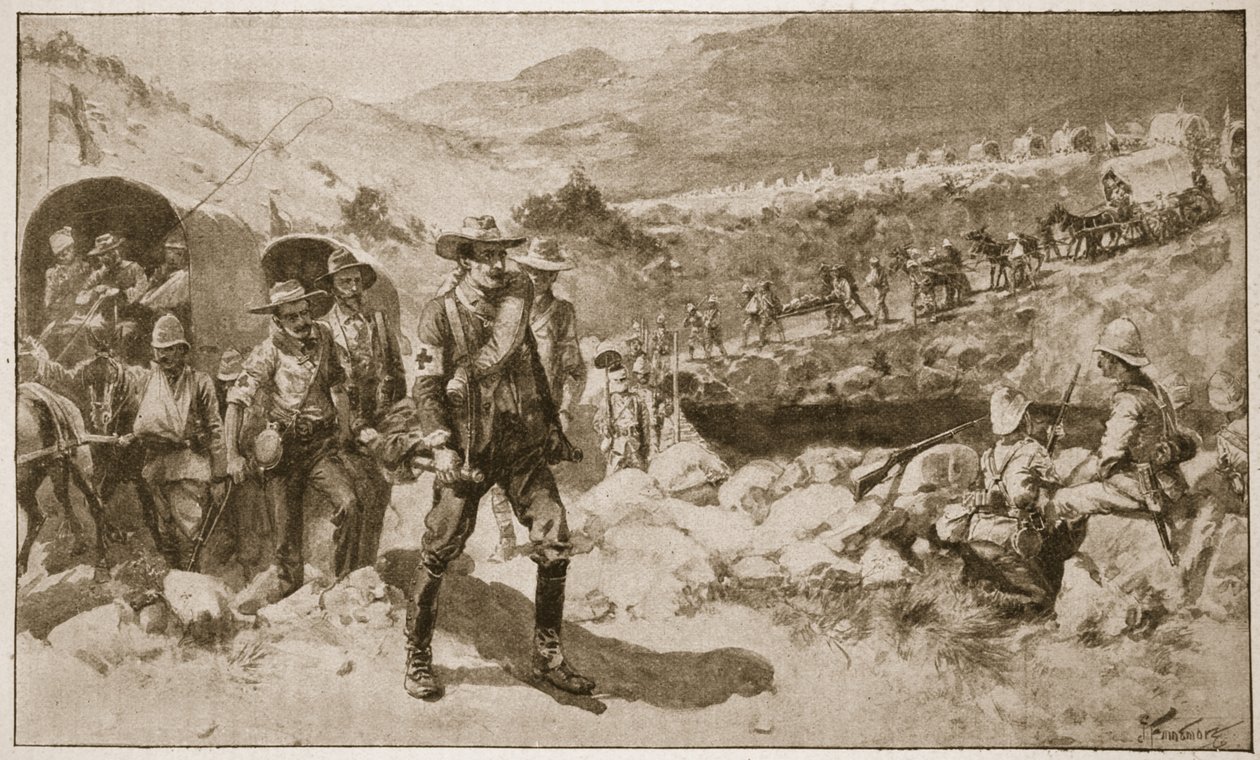 Taistelun jälkeen: Melankolinen paluu, kuvitus teoksesta "Battles of the Nineteenth Century, Vol. VI: Buurien sota 1899-1900, Archibald Forbes, G.A. Henty ja majuri Arthur Griffiths tekijältä Joseph Finnemore