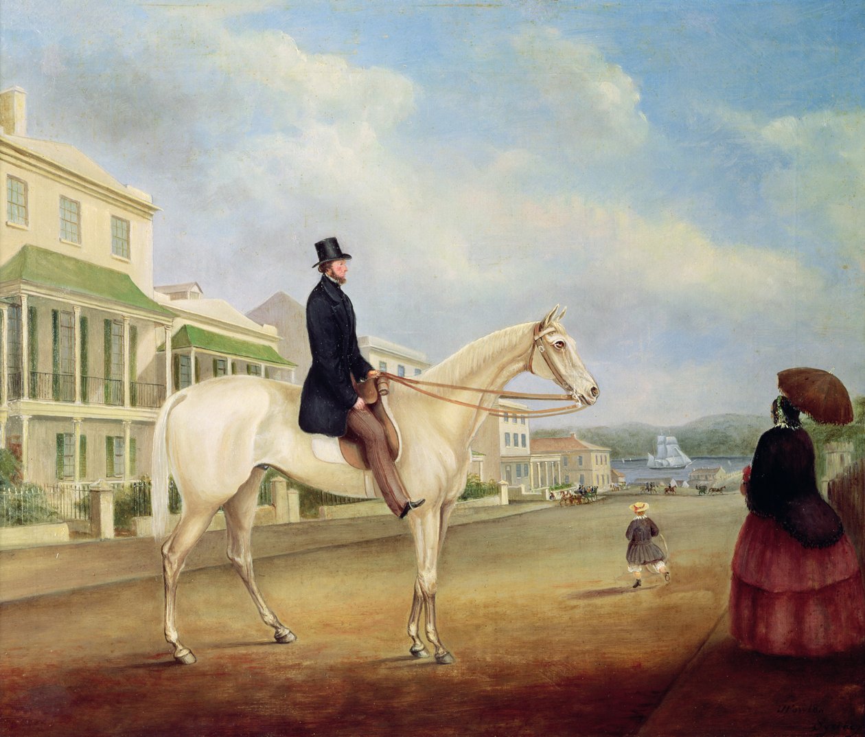 Ratsastaja valkoisella hevosella, luultavasti Macquarie Street Northissa, n. 1850 tekijältä Joseph Fowles