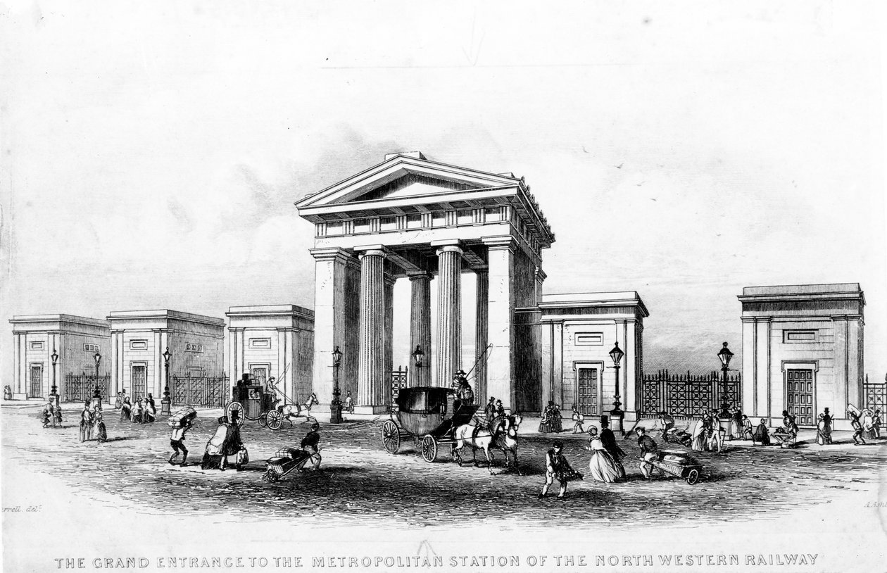 Luoteisrautatien metropoliaseman suuri sisäänkäynti, kaiverrus Alfred Ashley, n. 1837 tekijältä Joseph Francis Burrel