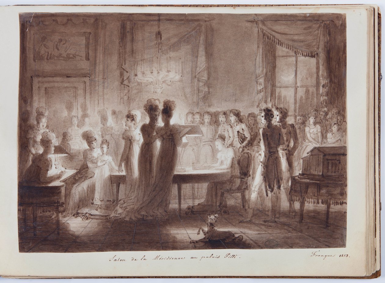 Firenzen Pitti-palatsin Meridiana-paviljonki, kuvitus Elisa Bonaparten suuresta albumista, 1813 (kynän ja musteen pesu paperille) tekijältä Joseph Franque
