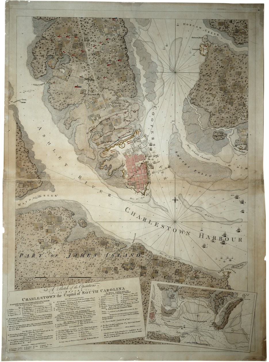 Luonnos toiminnoista ennen Charlestownia, Etelä-Carolinan pääkaupunkia, noin 1780 tekijältä Joseph Frederick Wallet DesBarres