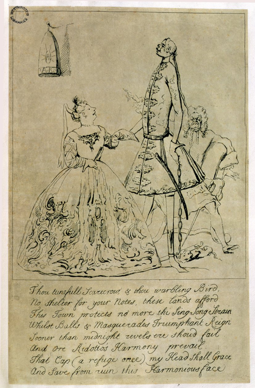 Sinä virittävä Scarecrow ja Thou Warbling Bird, Farinellin, Cuzzonin ja Heideggerin karikatyyri, jonka sanotaan kaiverretun Burlingtonin kreivitär 1730-luvulla tekijältä Joseph Goupy