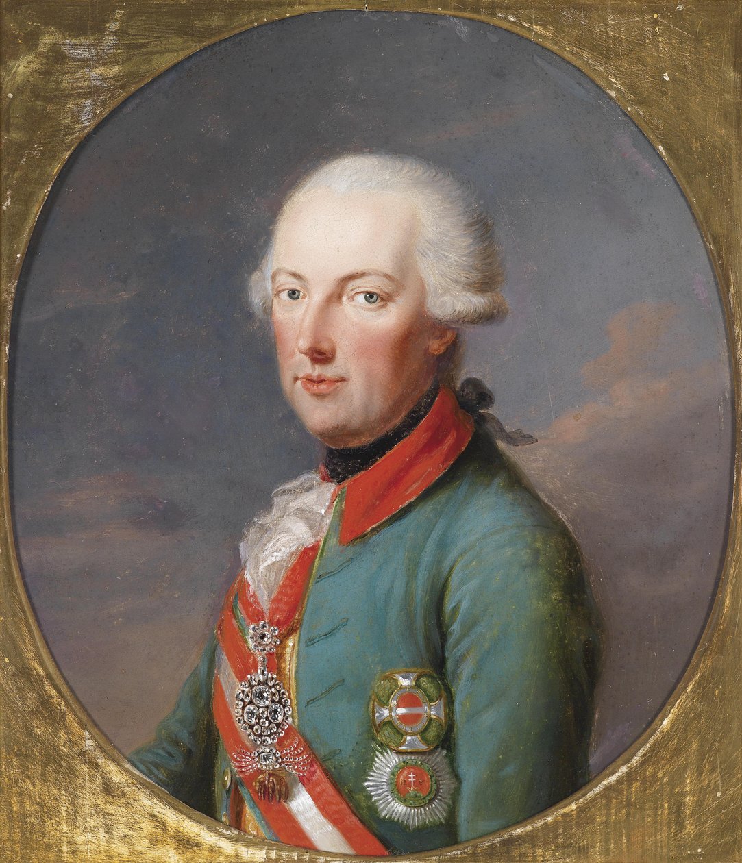 Keisari Josef II. in der Offiziersuniform der Chevaux Legers mit dem Orden vom Goldenen Vlies in Brillanten, dem Maria-Theresienorden und dem Stephansorden tekijältä Joseph Hickel