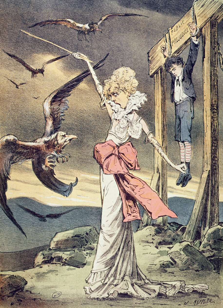 Karikatyyri Sarah Bernhardtista, joka on kuvattu Vanhan testamentin sankaritar Rizpahina suojelemassa poikaansa katolisen kirkon pappikorppikotkilta, kuvitus Puck-lehdestä, joulukuu 1880 (colo tekijältä Joseph Keppler