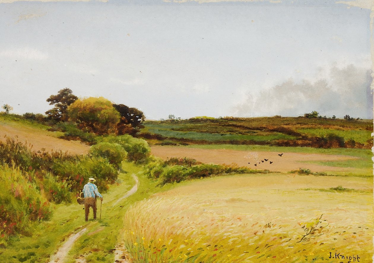 Maisema, jossa vanha mies kantaa koria, 1886 tekijältä Joseph Knight