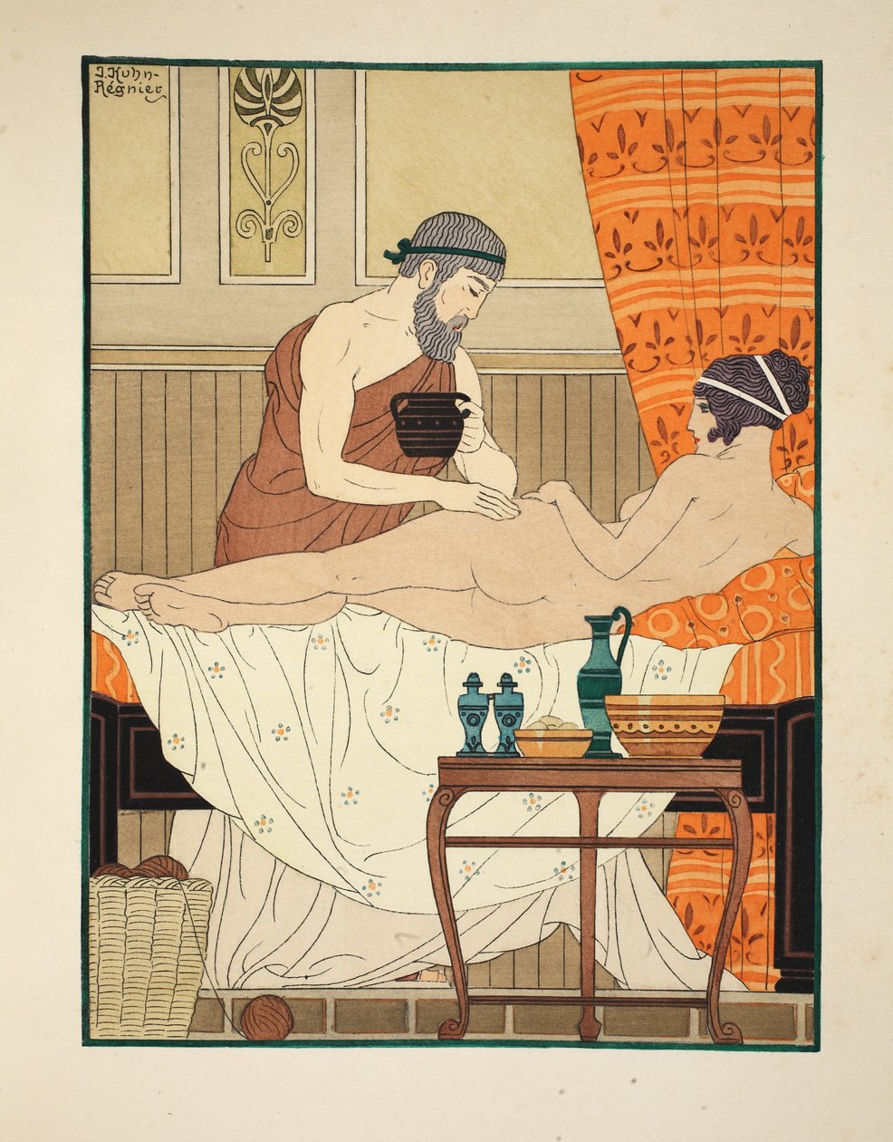 Valkoisen egyptiläisen hajuveden levitys lantiolle, kuvitus teoksesta "The Works of Hippocrates", 1934 tekijältä Joseph Kuhn Regnier