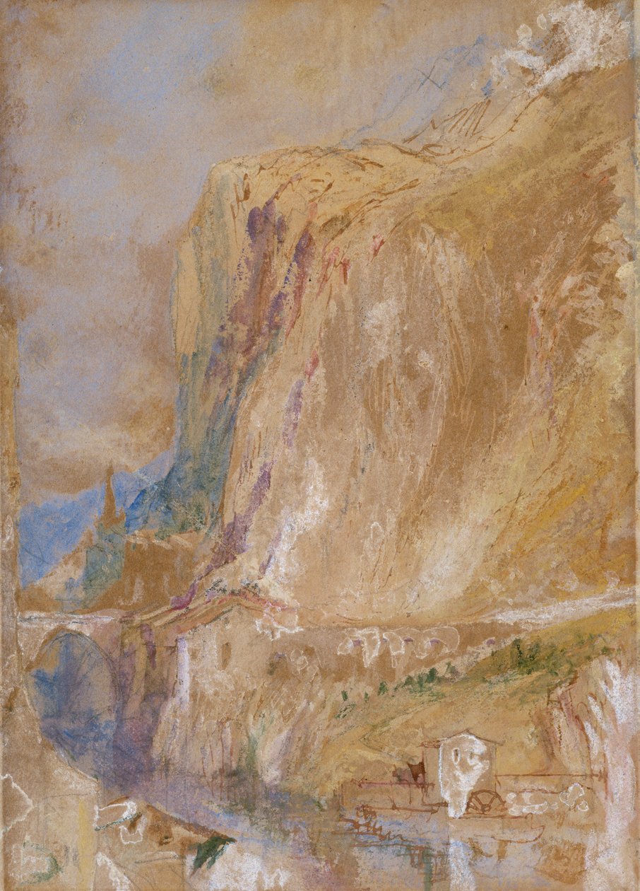 Laakso Alpeilla, n. 1843 (lyijykynä, wc, kynä ja ruskea muste, korostettu vartalovärillä paperille) tekijältä Joseph Mallord William Turner
