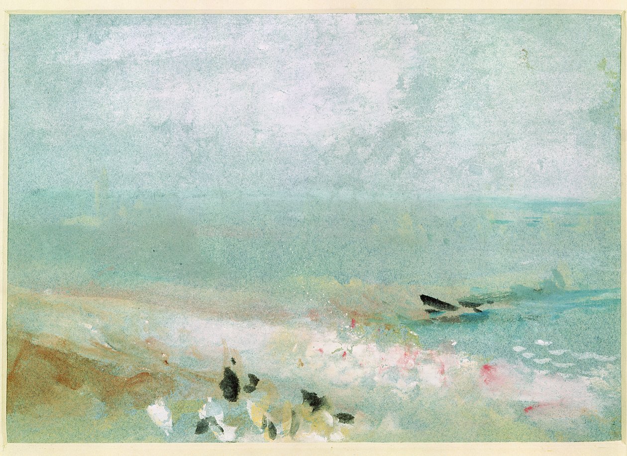 Ranta hahmoilla ja laiturilla. noin 1830 (wc ja guassi) tekijältä Joseph Mallord William Turner