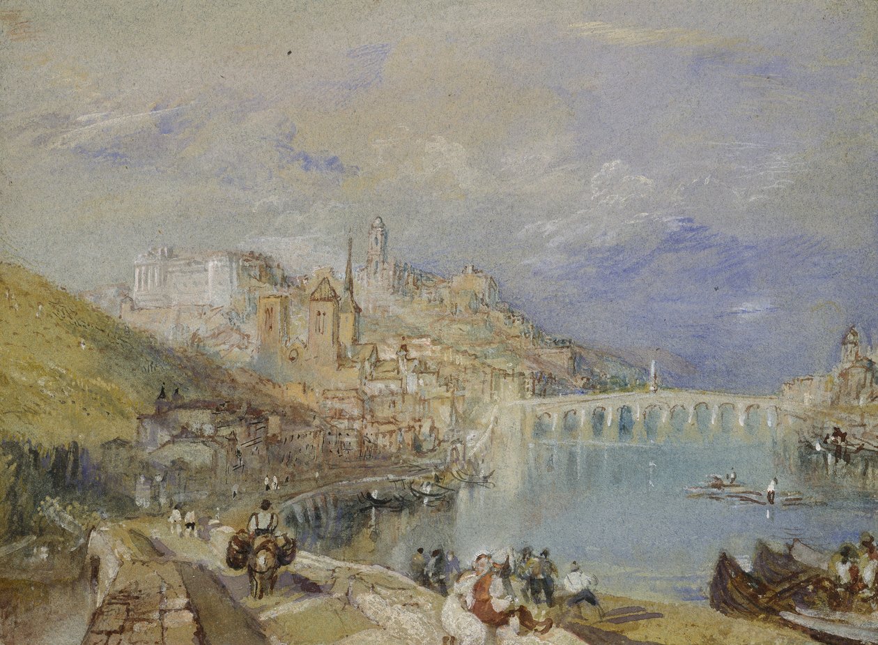 Blois, c. 1830 (akvarelli vartalovärillä ja kynällä ja ruskealla ja mustalla musteella sinisellä paperilla) tekijältä Joseph Mallord William Turner