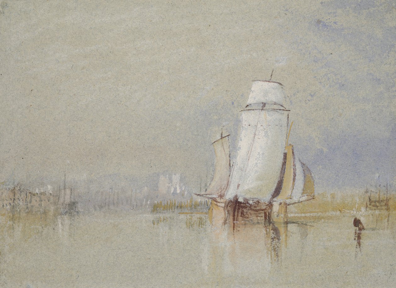 Calm on the Loire, 1832 (akvarelli vartalovärillä ja kynällä ja ruskealla musteella sinisellä paperilla) tekijältä Joseph Mallord William Turner