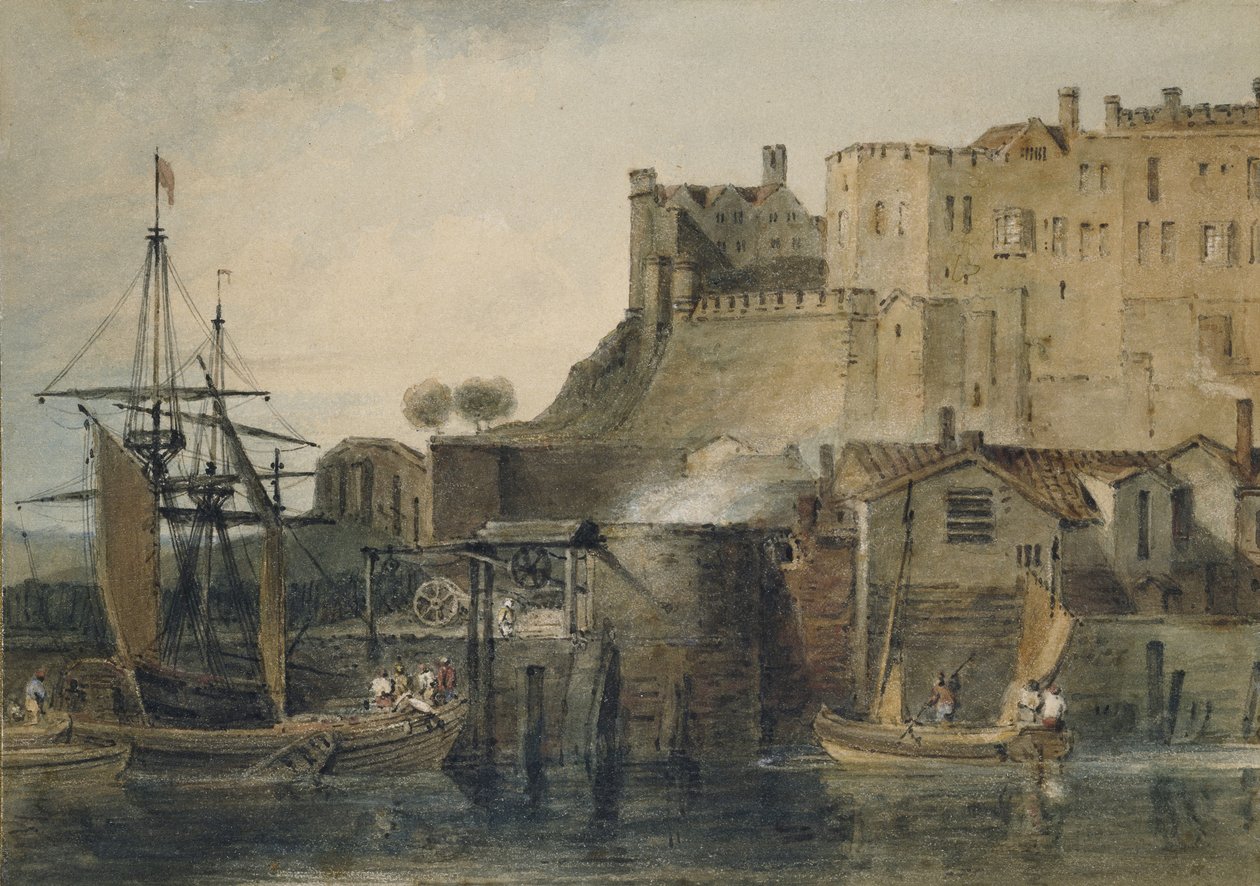 Chesterin linna, n. 1805 (akvarelli grafiitin päällä, kynällä ja musteella ja raapimalla) tekijältä Joseph Mallord William Turner