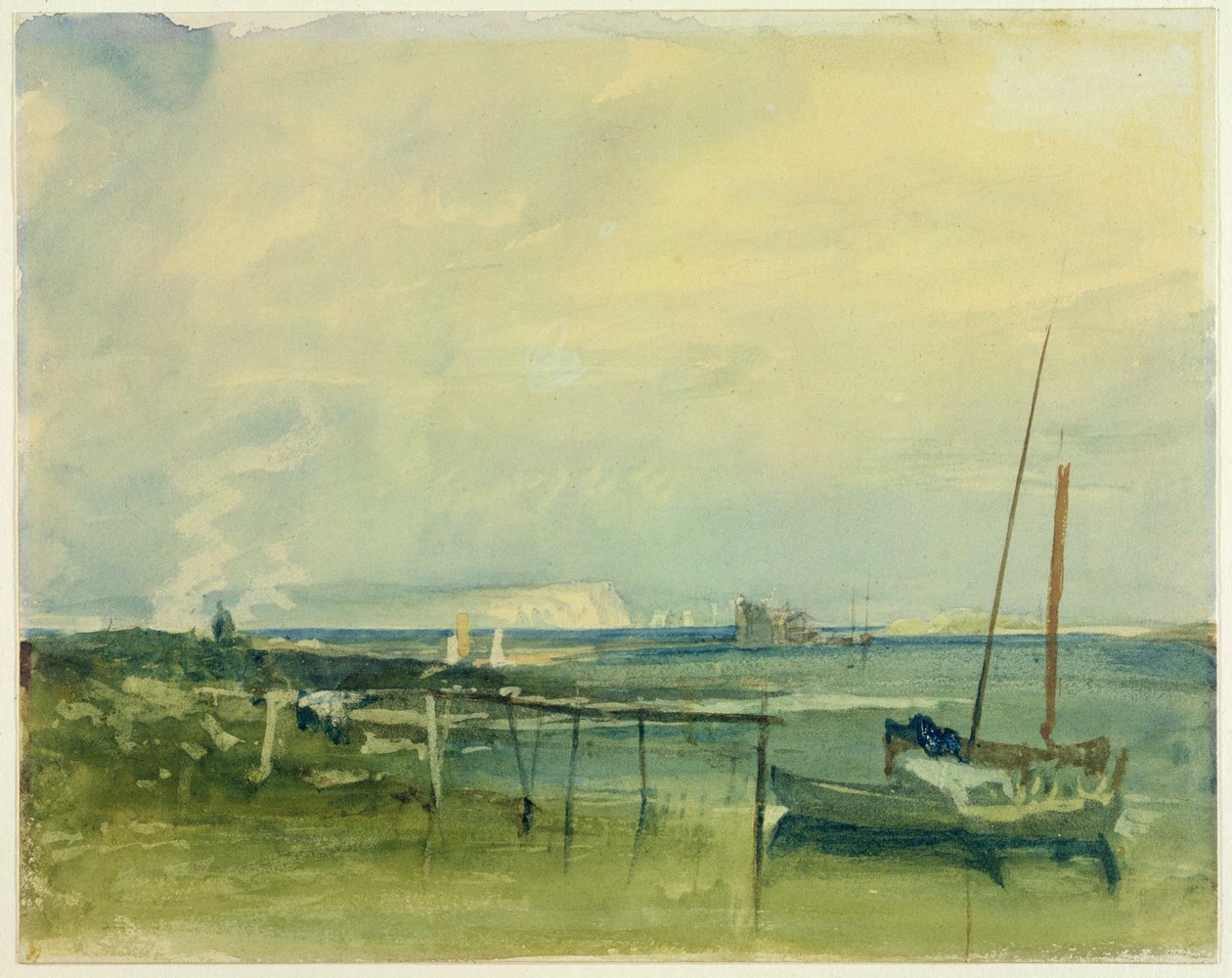 Rannikkokohtaus valkoisilla kallioilla ja veneillä rannalla (wc ja grafiitti paperilla) tekijältä Joseph Mallord William Turner