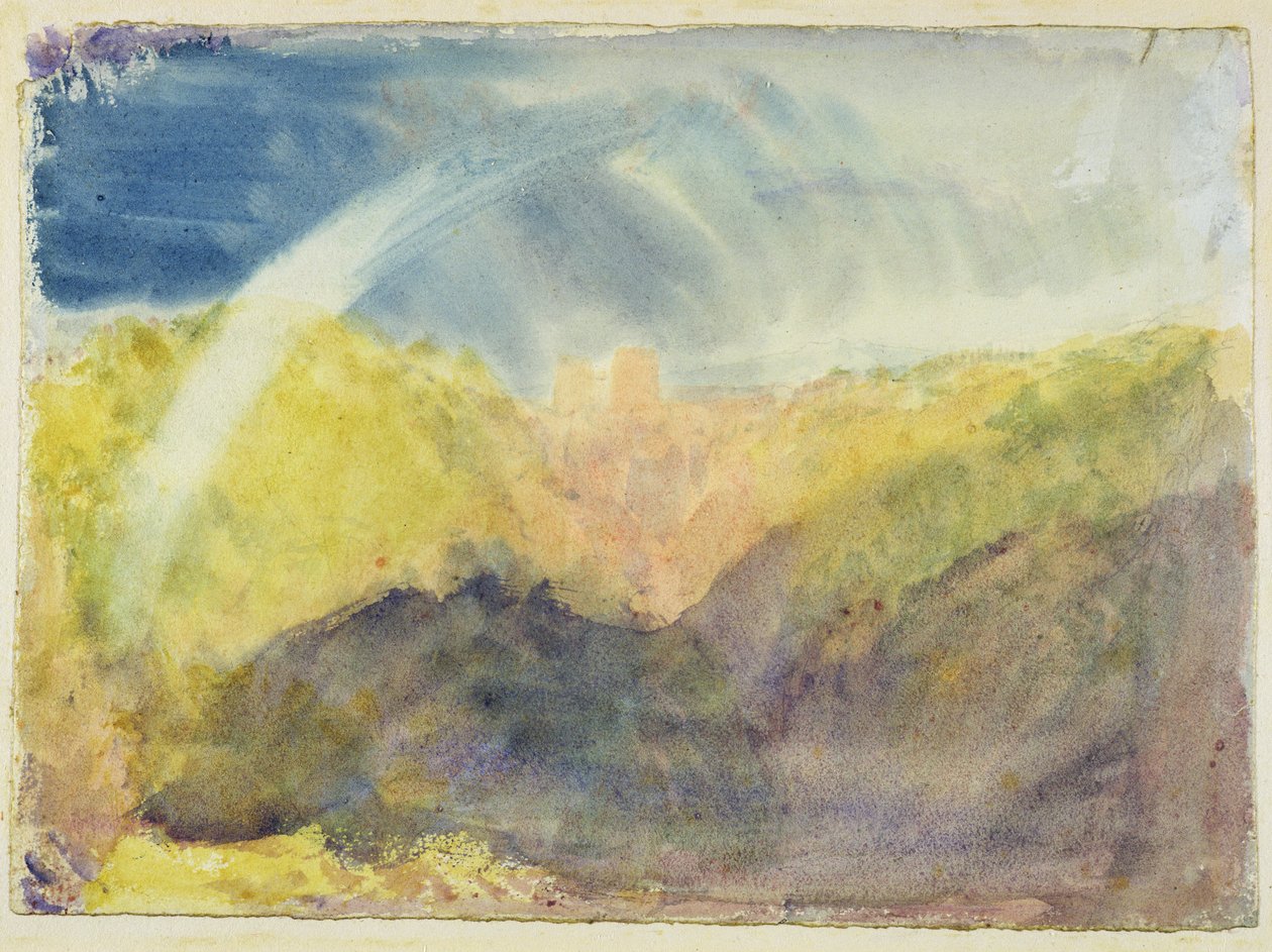 Crichton Castle (vuoristomaisema sateenkaarilla) n. 1818 (wc grafiitin päällä kudottupaperilla) tekijältä Joseph Mallord William Turner
