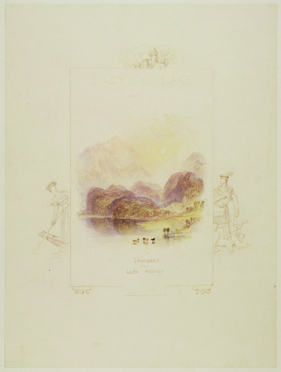 Suunnittelu kuvitukseen Walter Scottin "Lady of the Lake", Loch Achray (lyijykynä, kynä ja muste ja wc paperilla) tekijältä Joseph Mallord William Turner