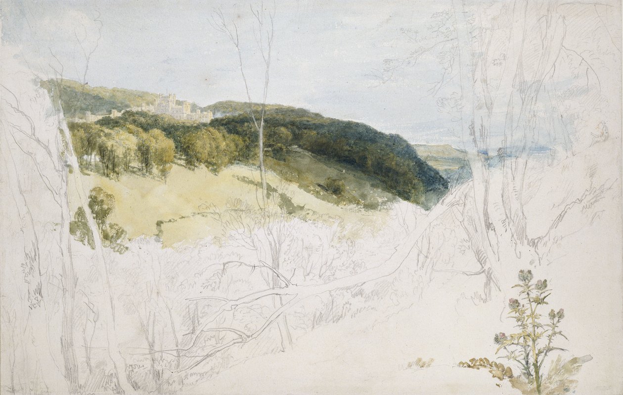 Kaukainen näkymä Lowtherin linnalle (puistomaisema), 1809 (akvarelli ja grafiitti kudospaperille) tekijältä Joseph Mallord William Turner