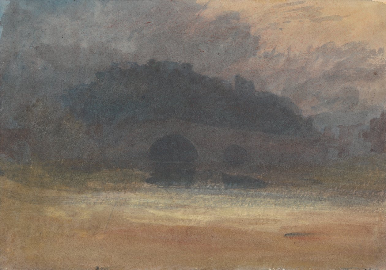 Ilta -maisema linnalla ja sillalla Yorkshiressa tekijältä Joseph Mallord William Turner