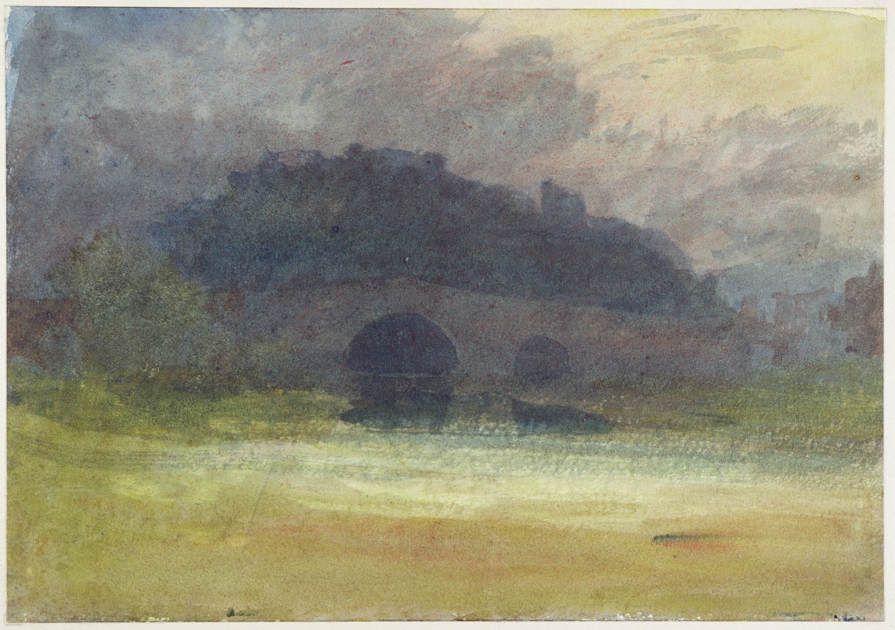 Iltamaisema linnan ja sillan kanssa Yorkshiressa, n. 1798-1799 (wc kudospaperilla) tekijältä Joseph Mallord William Turner