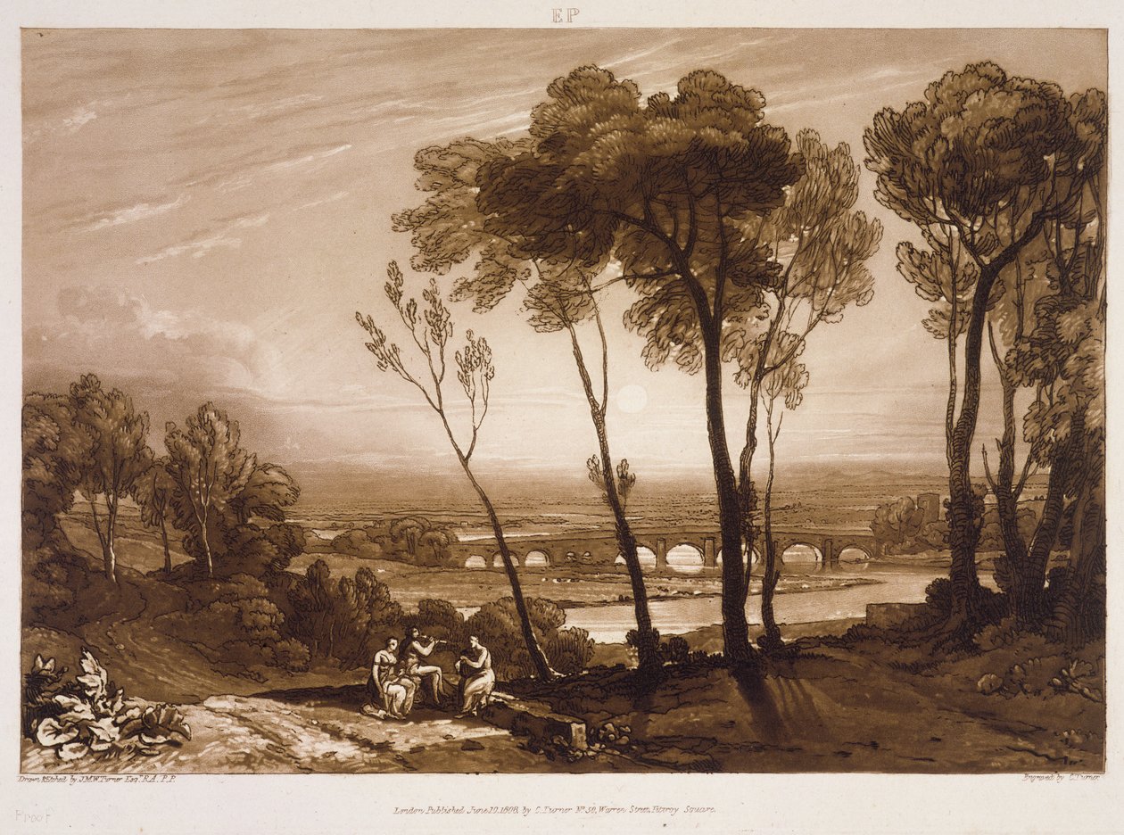 F.13.I The Bridge in Middle Distance, Liber Studiorumista, kaiverrus Charles Turner, 1808 (etsaus) tekijältä Joseph Mallord William Turner