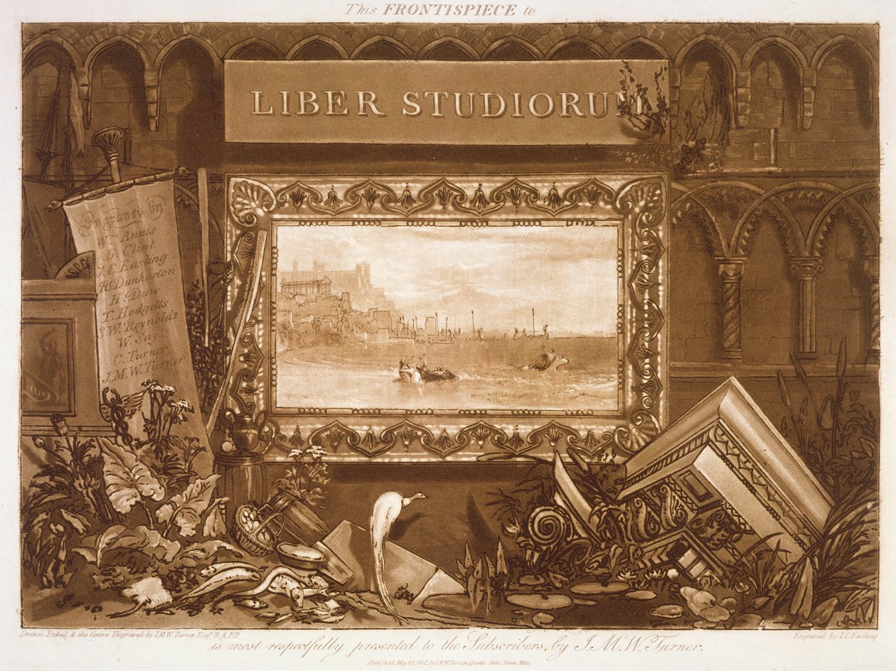 F.1.I "Liber Studiorumin" etureuna, joka kuvaa Europan lähtöä Tyroksen kaupungista, kaiverrus J.C. Easling, 1812 tekijältä Joseph Mallord William Turner