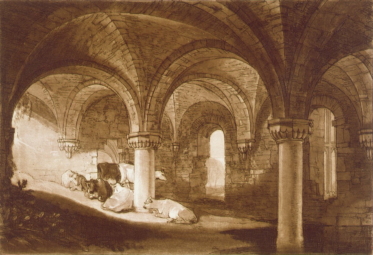 F.39.I Kirkstall Abbeyn krypta, Liber Studiorumista, 1812 tekijältä Joseph Mallord William Turner