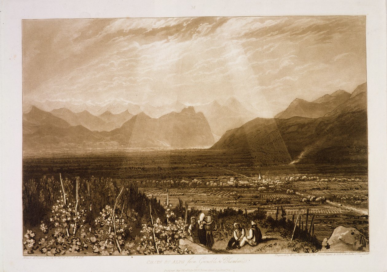 F.49.I Alppien ketju Grenoblesta Chamberiin, "Liber Studiorumista", kaivertanut William Say, 1812 tekijältä Joseph Mallord William Turner