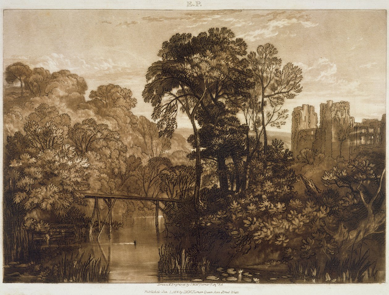 F.58.I Berry Pomeroy Castle, Liber Studiorum -teoksesta, taiteilijan kaiverrus, 1816. tekijältä Joseph Mallord William Turner
