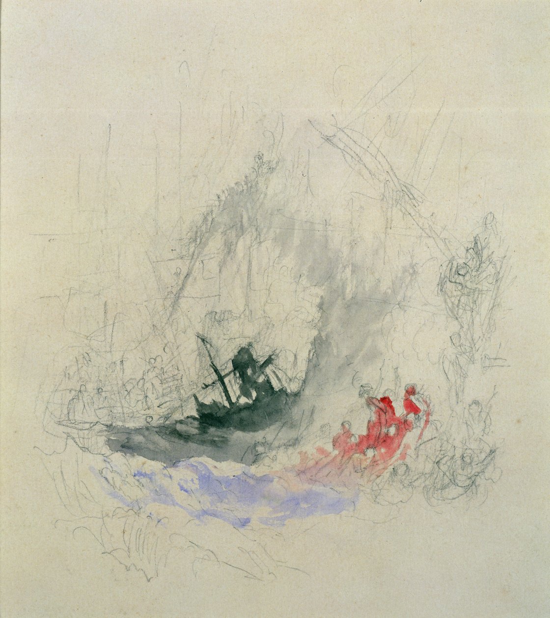 Fire at Sea, suunnittelu vinjetille, 1835 (kynä ja wc paperilla) tekijältä Joseph Mallord William Turner