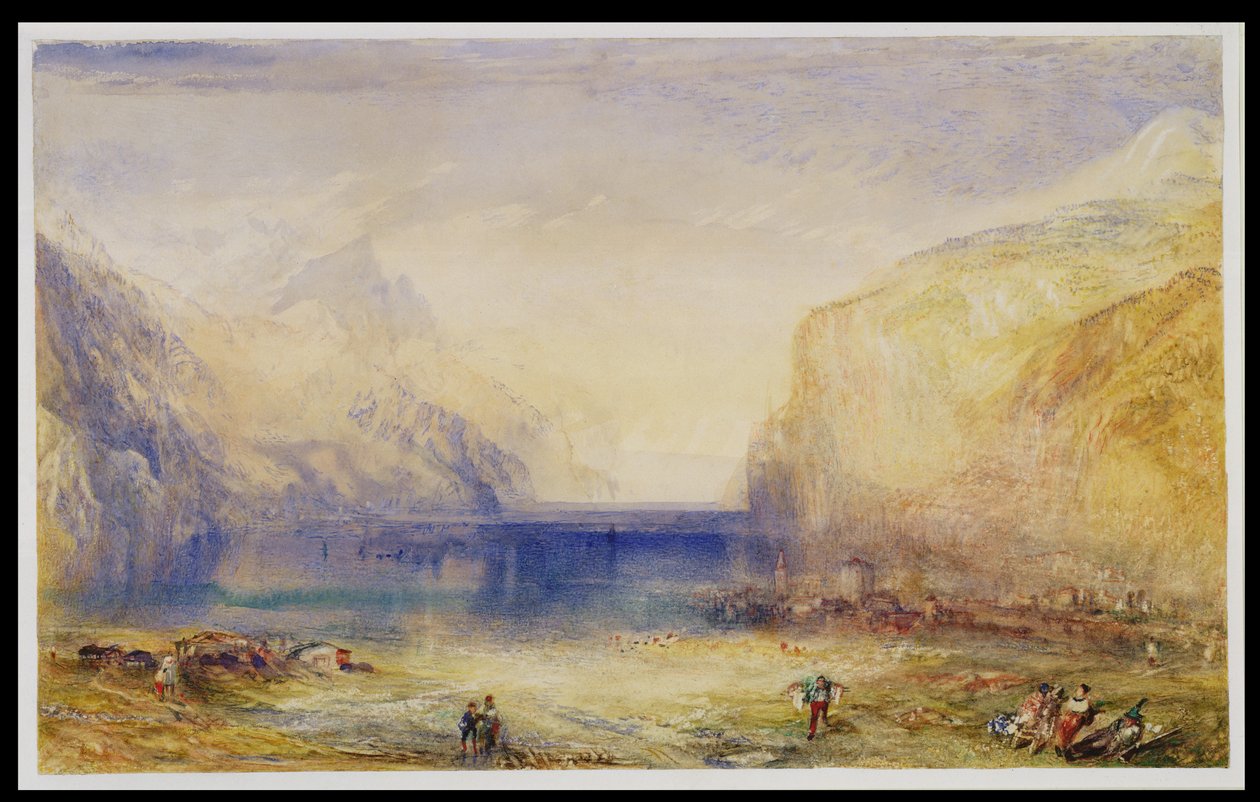 Fluelen: Aamu (katso järvelle) 1845 (wc ja guassi kudottupaperille raapimalla) tekijältä Joseph Mallord William Turner